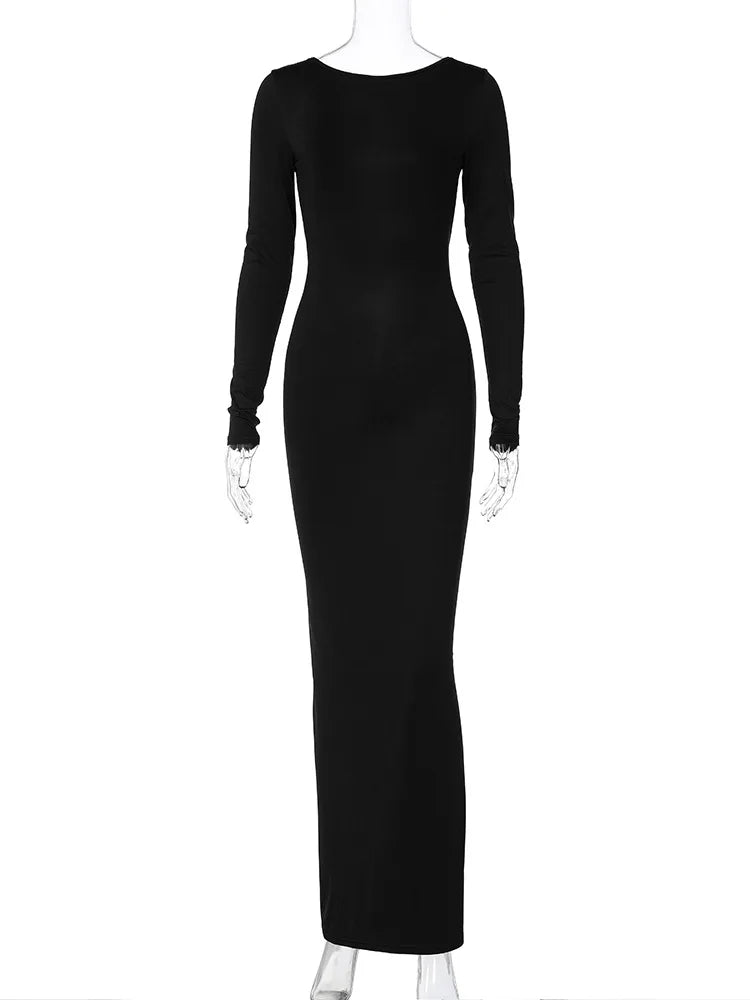Backless Bodycon Maxi Dress – Long Sleeve Slim Fit Prom Dress With Empire Waist - ZOOMNSTORE