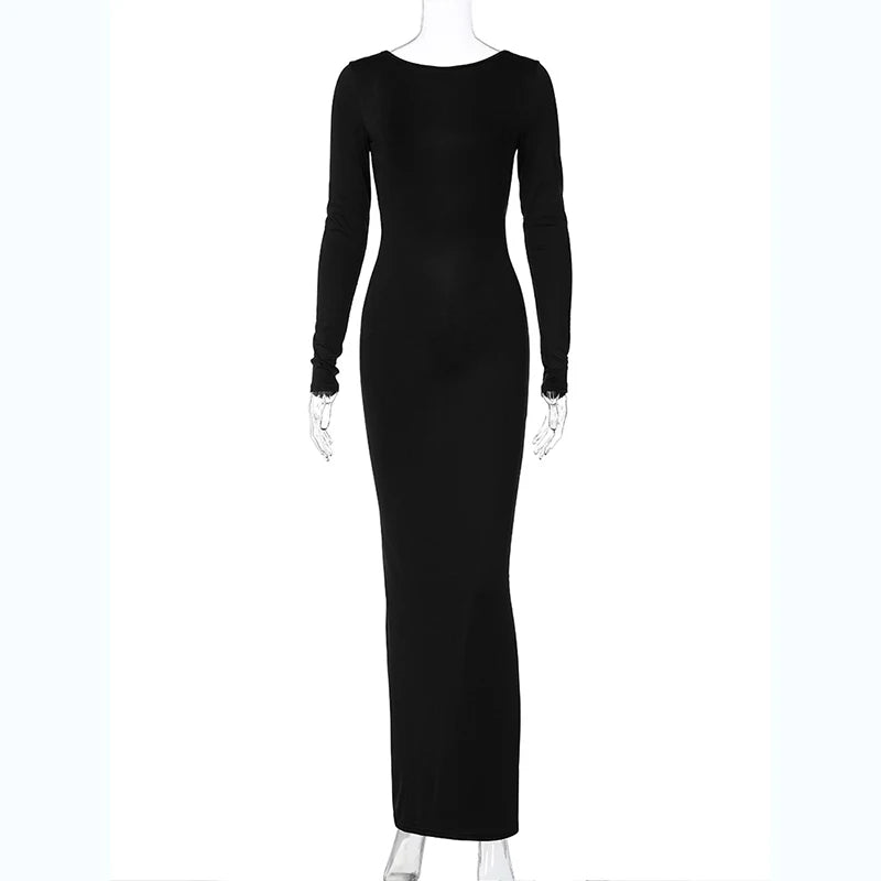 Backless Bodycon Maxi Dress – Long Sleeve Slim Fit Prom Dress With Empire Waist - ZOOMNSTORE