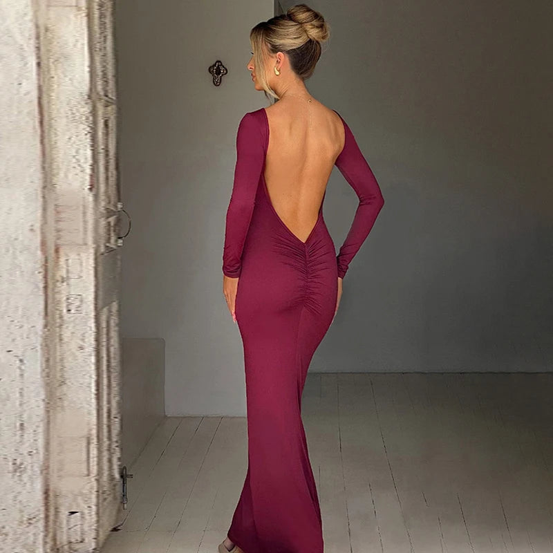 Backless Bodycon Maxi Dress – Long Sleeve Slim Fit Prom Dress With Empire Waist - ZOOMNSTORE