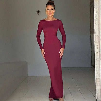 Backless Bodycon Maxi Dress – Long Sleeve Slim Fit Prom Dress With Empire Waist - ZOOMNSTORE