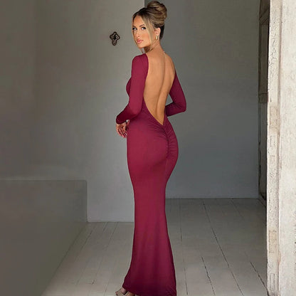 Backless Bodycon Maxi Dress – Long Sleeve Slim Fit Prom Dress With Empire Waist - ZOOMNSTORE