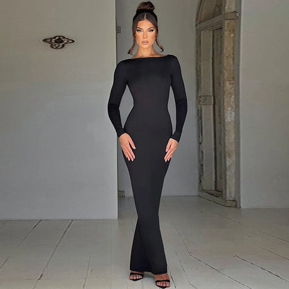 Backless Bodycon Maxi Dress – Long Sleeve Slim Fit Prom Dress With Empire Waist - ZOOMNSTORE