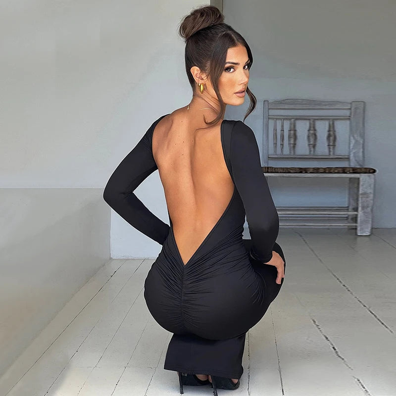 Backless Bodycon Maxi Dress – Long Sleeve Slim Fit Prom Dress With Empire Waist - ZOOMNSTORE