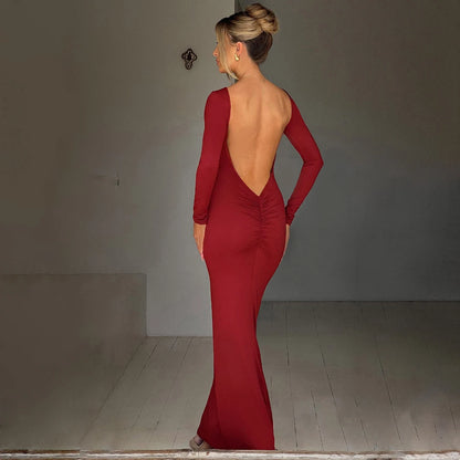 Backless Bodycon Maxi Dress – Long Sleeve Slim Fit Prom Dress With Empire Waist - ZOOMNSTORE