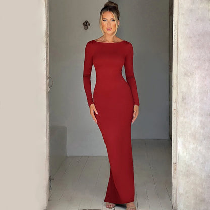 Backless Bodycon Maxi Dress – Long Sleeve Slim Fit Prom Dress With Empire Waist - ZOOMNSTORE