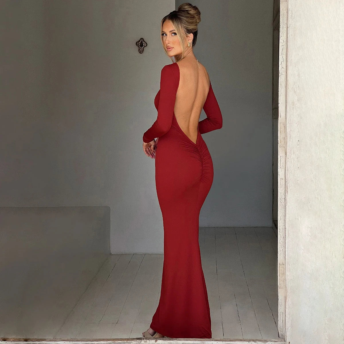 Backless Bodycon Maxi Dress – Long Sleeve Slim Fit Prom Dress With Empire Waist - ZOOMNSTORE