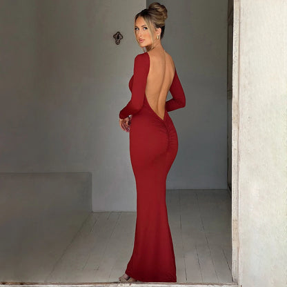 Backless Bodycon Maxi Dress – Long Sleeve Slim Fit Prom Dress With Empire Waist - ZOOMNSTORE