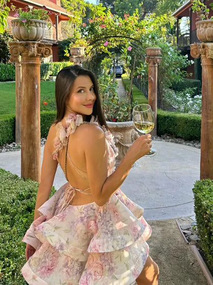 Elegant Backless Party Dress - 3D Flower Print A-line Mini Evening Dress for Women - ZOOMNSTORE