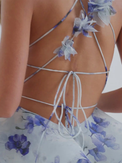 Elegant Backless Party Dress - 3D Flower Print A-line Mini Evening Dress for Women - ZOOMNSTORE