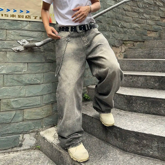 Baggy Denim Jeans - Men's Casual Pants | Wide-Leg Vintage Y2K Streetwear Trousers - ZOOMNSTORE