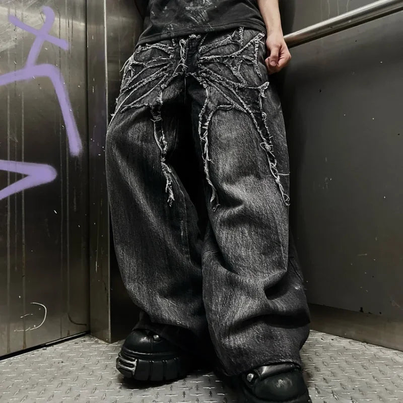 Gothic Unisex Baggy Mopping Pants - Y2K Spider Embroidered High Street Hip Hop Jeans - ZOOMNSTORE