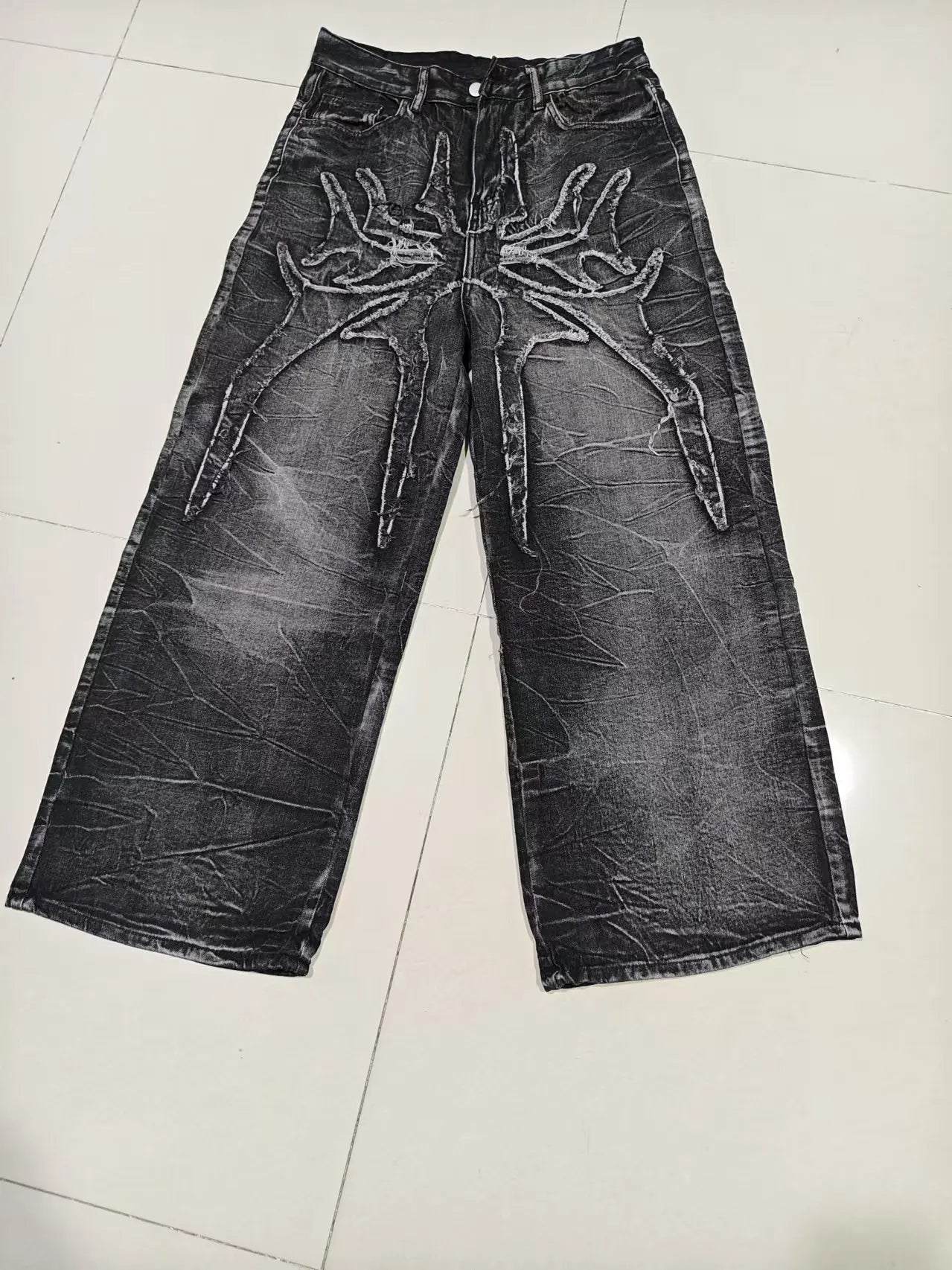 Gothic Unisex Baggy Mopping Pants - Y2K Spider Embroidered High Street Hip Hop Jeans - ZOOMNSTORE