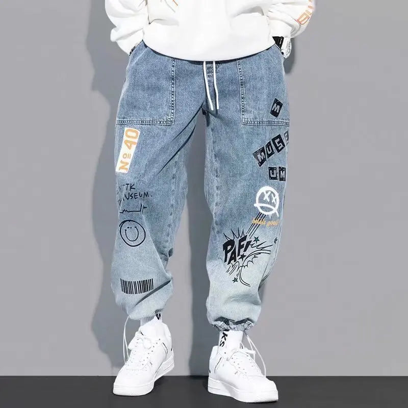 Baggy Hip Hop Jeans - High Waisted Wide Leg Jeans With Cartoon Print For Men - ZOOMNSTORE