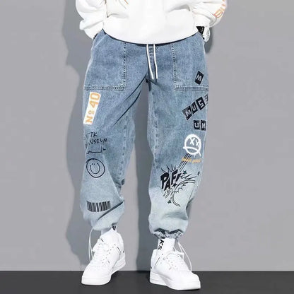 Baggy Hip Hop Jeans - High Waisted Wide Leg Jeans With Cartoon Print For Men - ZOOMNSTORE