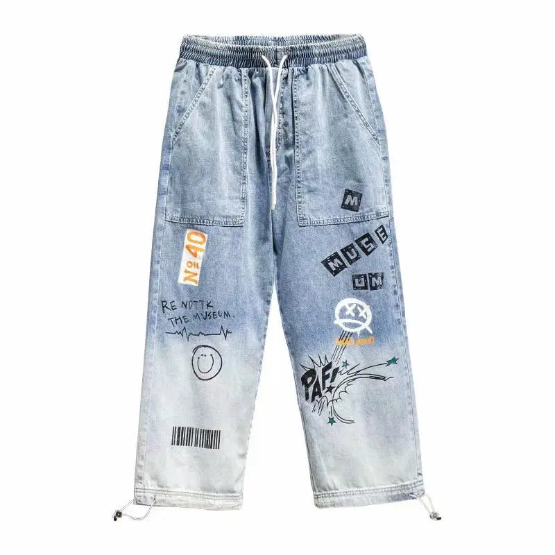 Baggy Hip Hop Jeans - High Waisted Wide Leg Jeans With Cartoon Print For Men - ZOOMNSTORE