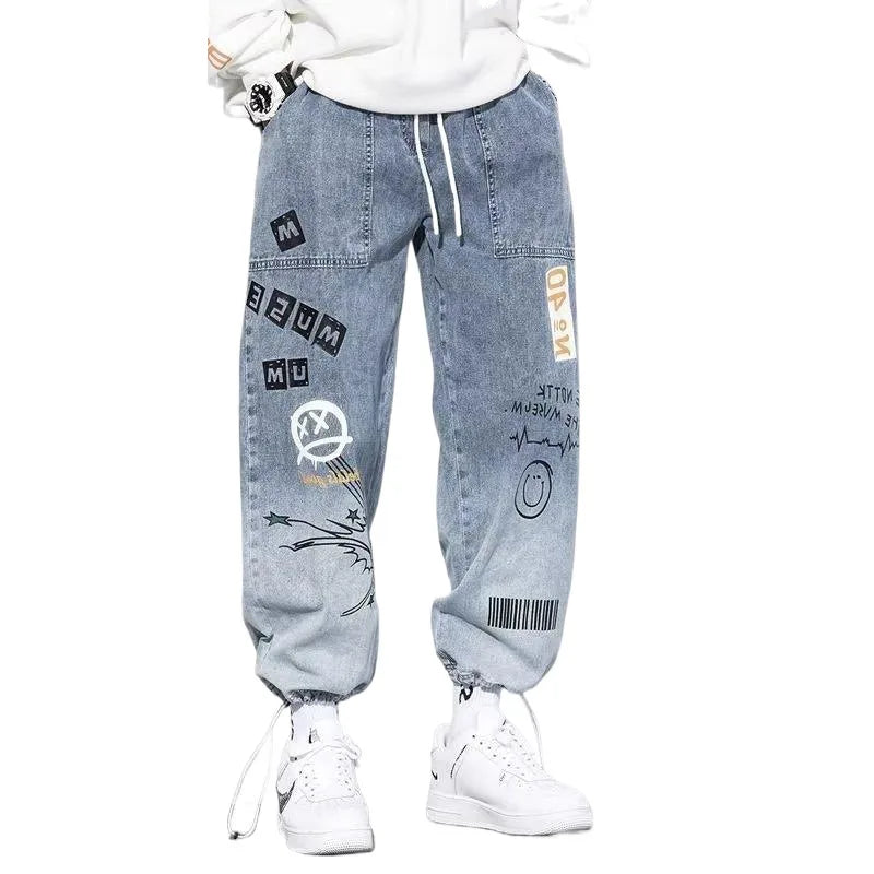 Baggy Hip Hop Jeans - High Waisted Wide Leg Jeans With Cartoon Print For Men - ZOOMNSTORE