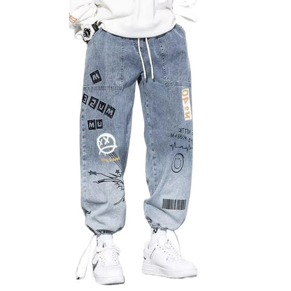 Baggy Hip Hop Jeans - High Waisted Wide Leg Jeans With Cartoon Print For Men - ZOOMNSTORE