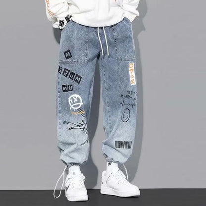 Baggy Hip Hop Jeans - High Waisted Wide Leg Jeans With Cartoon Print For Men - ZOOMNSTORE