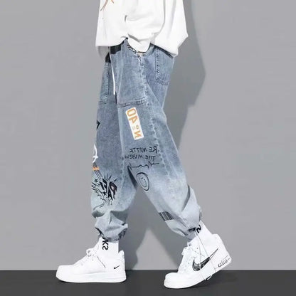 Baggy Hip Hop Jeans - High Waisted Wide Leg Jeans With Cartoon Print For Men - ZOOMNSTORE