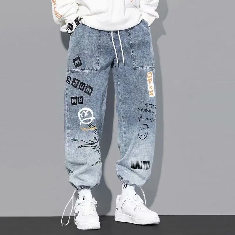 Baggy Hip Hop Jeans - High Waisted Wide Leg Jeans With Cartoon Print For Men - ZOOMNSTORE