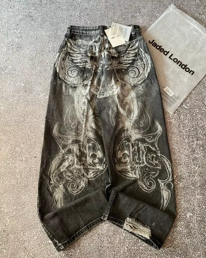 Y2K Embroidered Baggy Jeans - Vintage Hip Hop Wide-Leg Pants for Men - ZOOMNSTORE