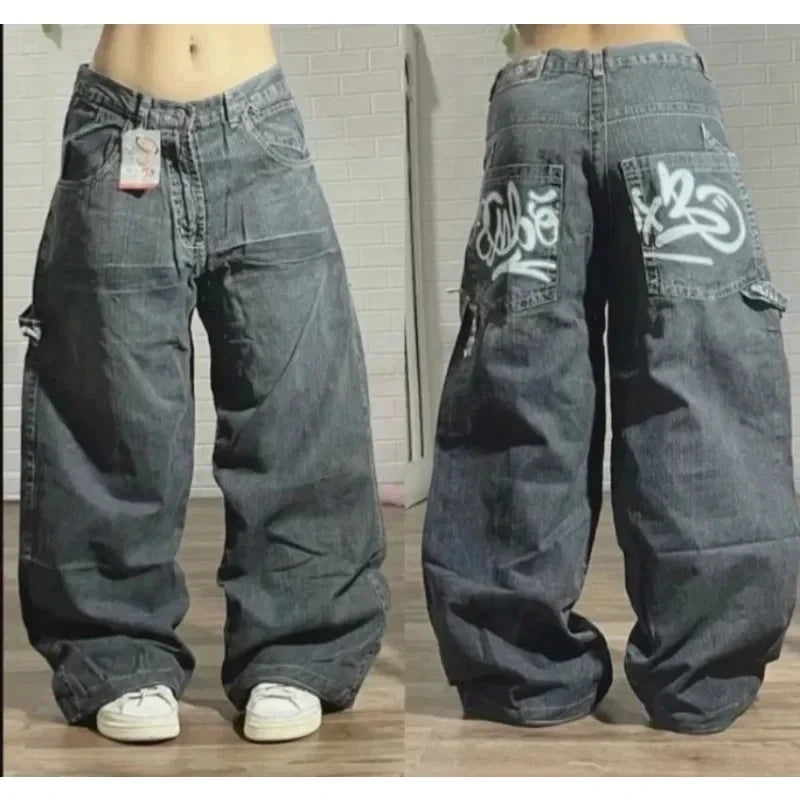 Y2K Embroidered Baggy Jeans - Vintage Hip Hop Wide-Leg Pants for Men - ZOOMNSTORE