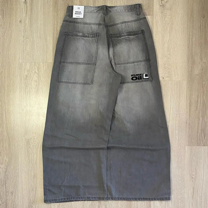 Y2K Embroidered Baggy Jeans - Vintage Hip Hop Wide-Leg Pants for Men - ZOOMNSTORE
