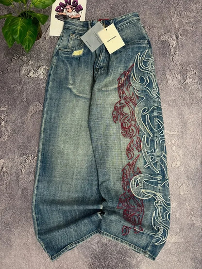 Y2K Embroidered Baggy Jeans - Vintage Hip Hop Wide-Leg Pants for Men - ZOOMNSTORE