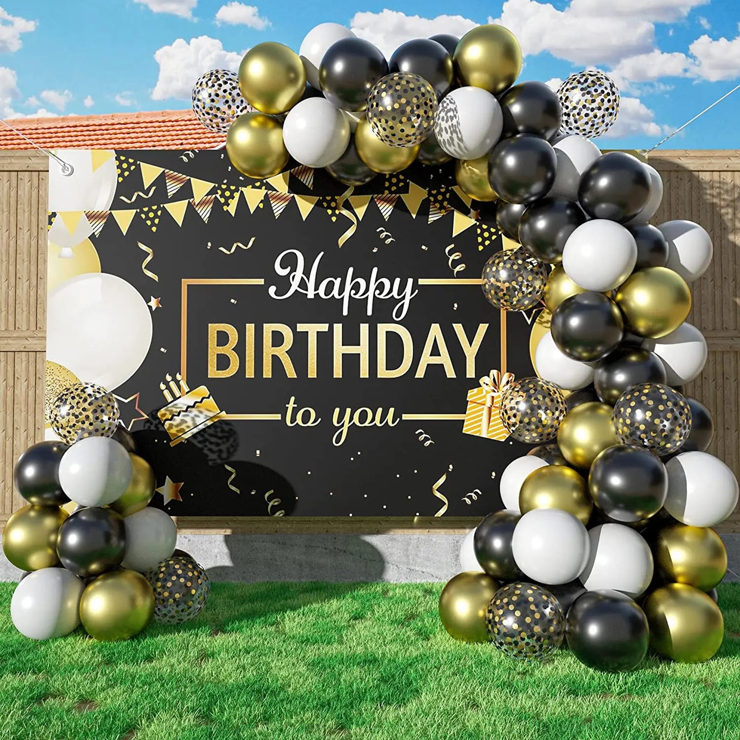 Black and Gold Balloon Garland Arch Kit - Wedding Birthday Party Decorations with Starburst Foil Balloons - ZOOMNSTORE