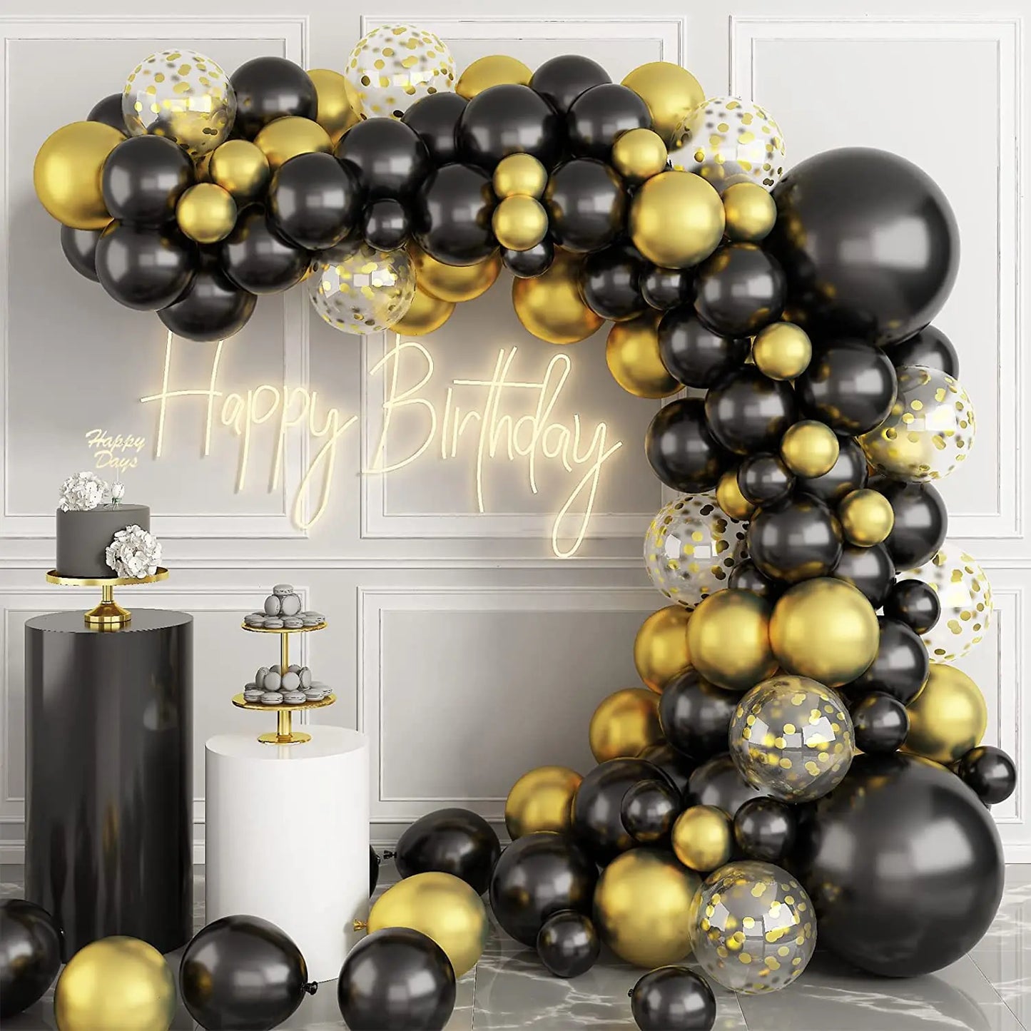 Black and Gold Balloon Garland Arch Kit - Wedding Birthday Party Decorations with Starburst Foil Balloons - ZOOMNSTORE