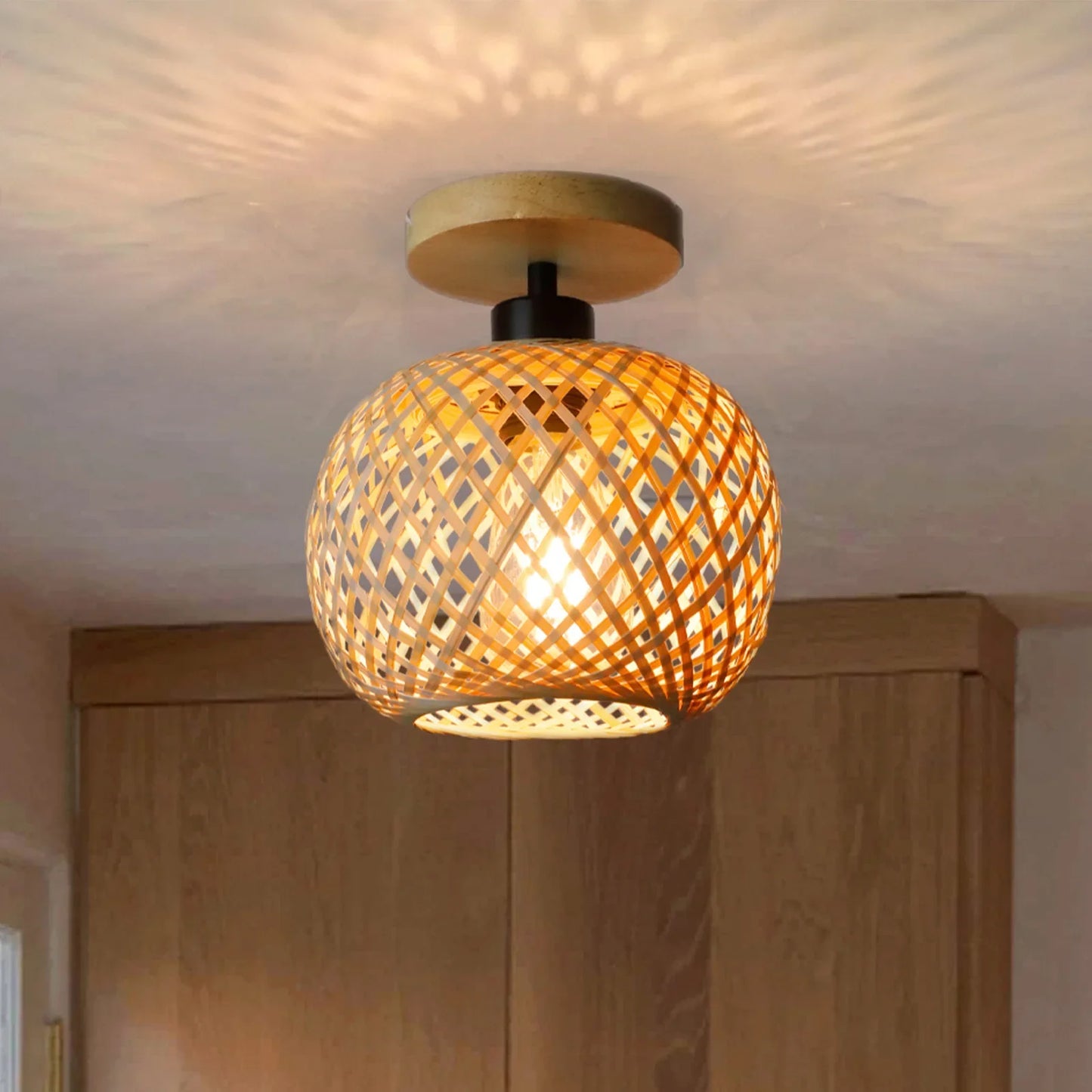 Retro Bamboo Woven Ceiling Lamp - E27 Decorative Light Fixture for Living Room and Corridor - ZOOMNSTORE