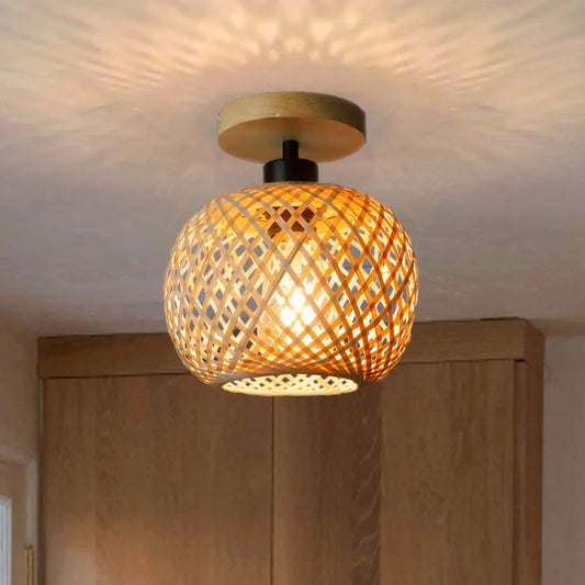 Retro Bamboo Woven Ceiling Lamp - E27 Decorative Light Fixture for Living Room and Corridor - ZOOMNSTORE