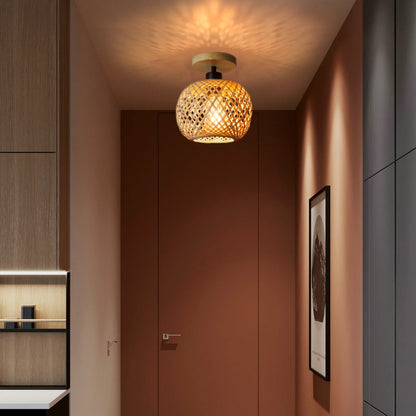 Retro Bamboo Woven Ceiling Lamp - E27 Decorative Light Fixture for Living Room and Corridor - ZOOMNSTORE