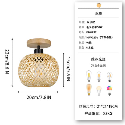 Retro Bamboo Woven Ceiling Lamp - E27 Decorative Light Fixture for Living Room and Corridor - ZOOMNSTORE