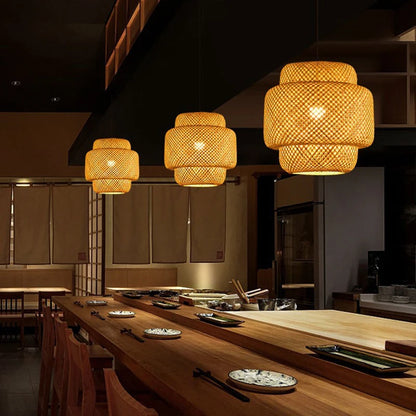 Bamboo Lantern Pendant Lamp - Hand-Woven Rattan E27 LED Chandelier - ZOOMNSTORE