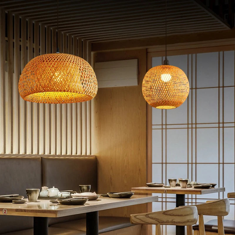 Bamboo Lantern Pendant Lamp - Hand-Woven Rattan E27 LED Chandelier - ZOOMNSTORE
