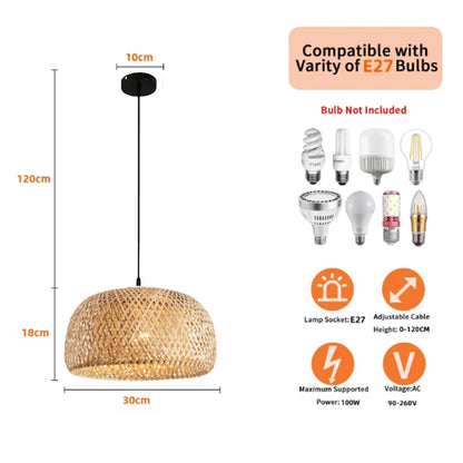 Bamboo Lantern Pendant Lamp - Hand-Woven Rattan E27 LED Chandelier - ZOOMNSTORE