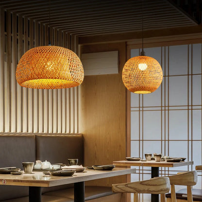 Bamboo Lantern Pendant Lamp - Hand-Woven Rattan E27 LED Chandelier - ZOOMNSTORE