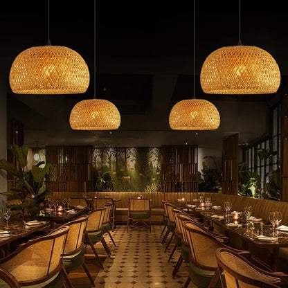 Bamboo Pendant Lamp – Hand-Woven Rattan Wicker Lampshade with E27 LED Fixture - ZOOMNSTORE
