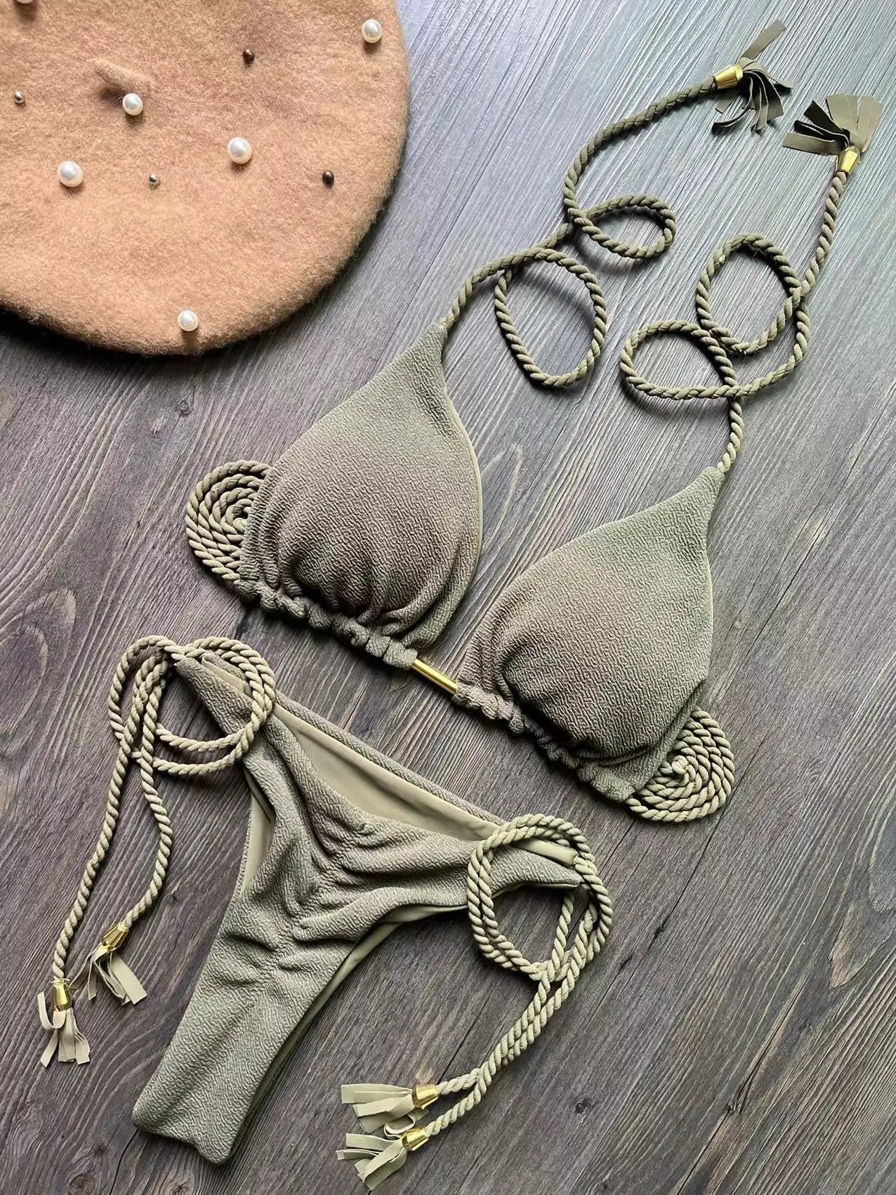 Bandage Bikini Set - Two-Piece Braided Rope Swimwear With Padded Triangle Top - ZOOMNSTORE