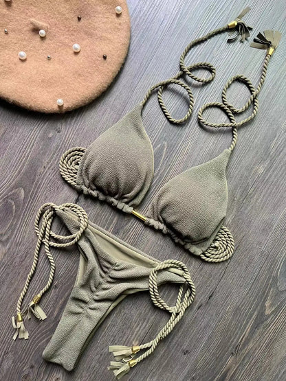 Bandage Bikini Set - Two-Piece Braided Rope Swimwear With Padded Triangle Top - ZOOMNSTORE