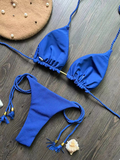 Bandage Bikini Set - Two-Piece Braided Rope Swimwear With Padded Triangle Top - ZOOMNSTORE