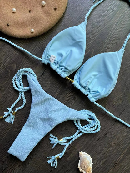 Bandage Bikini Set - Two-Piece Braided Rope Swimwear With Padded Triangle Top - ZOOMNSTORE