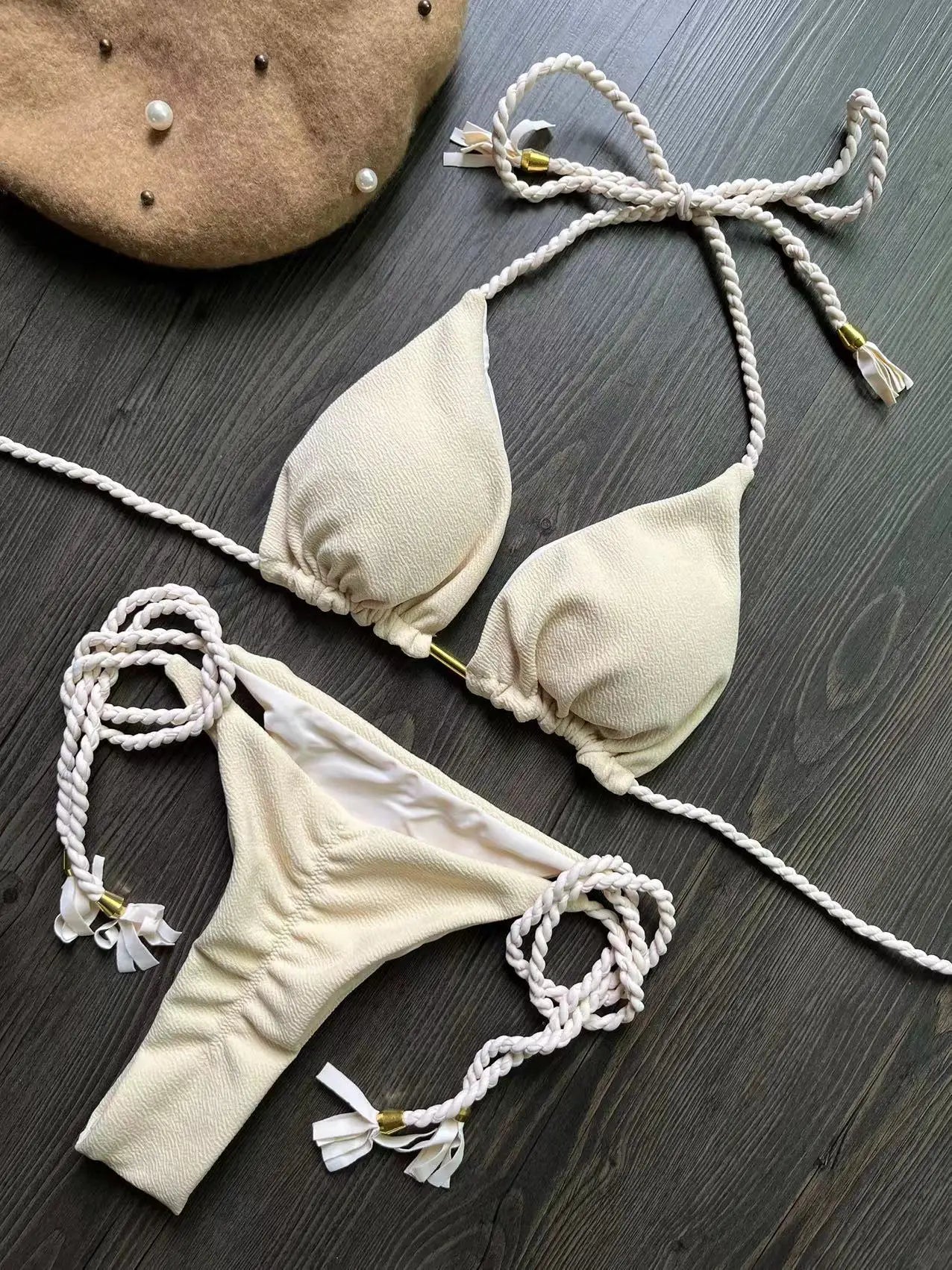 Bandage Bikini Set - Two-Piece Braided Rope Swimwear With Padded Triangle Top - ZOOMNSTORE