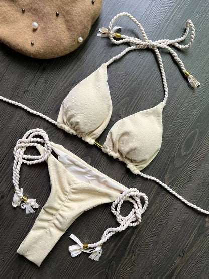 Bandage Bikini Set - Two-Piece Braided Rope Swimwear With Padded Triangle Top - ZOOMNSTORE