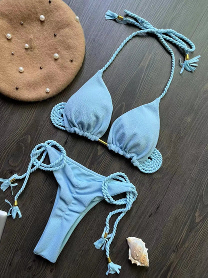 Bandage Bikini Set - Two-Piece Braided Rope Swimwear With Padded Triangle Top - ZOOMNSTORE