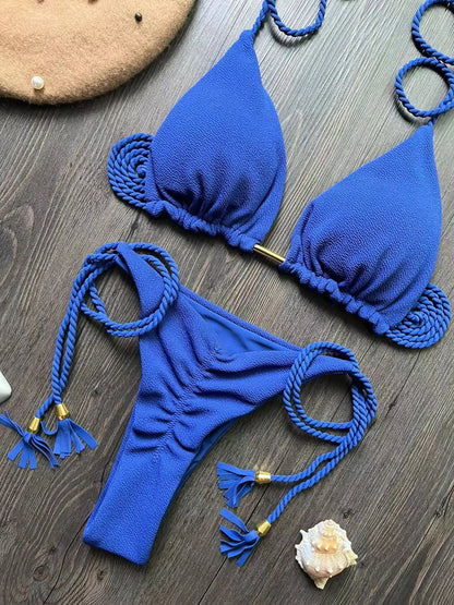Bandage Bikini Set - Two-Piece Braided Rope Swimwear With Padded Triangle Top - ZOOMNSTORE