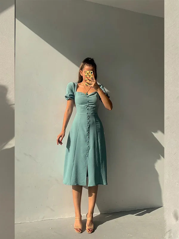 Puff Sleeve Bodycon Dress - Elegant Summer A-line Dress for Women - ZOOMNSTORE