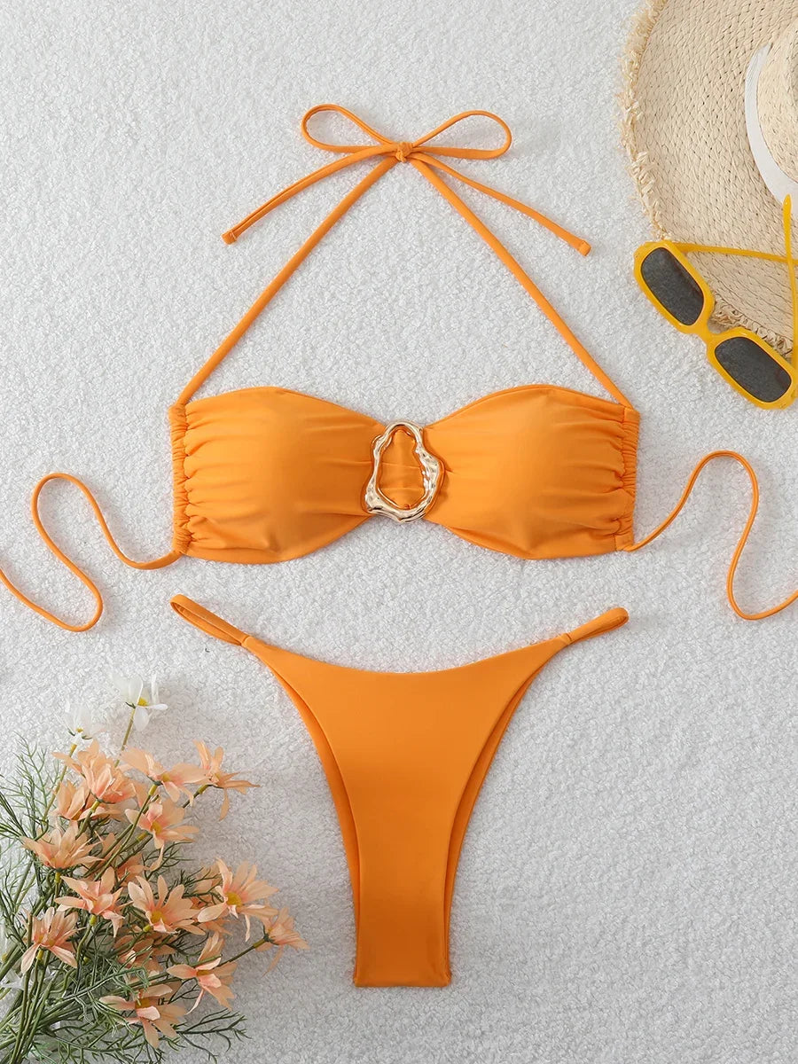 Bandeau Bikini Set - Sexy Two-Piece Swimwear With Push Up, Low Waist Thong - ZOOMNSTORE