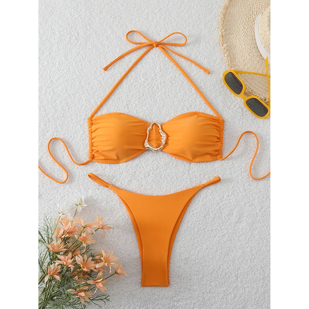 Bandeau Bikini Set - Sexy Two-Piece Swimwear With Push Up, Low Waist Thong - ZOOMNSTORE